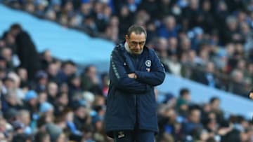 MANCHESTER, ENGLAND - FEBRUARY 10: Maurizio Sarri the manager of Chelsea looks dejected during the Premier League match between Manchester City and Chelsea FC at Etihad Stadium on February 10, 2019 in Manchester, United Kingdom. (Photo by Alex Livesey - Danehouse/Getty Images)