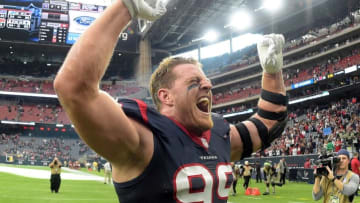 Jan 3, 2016; Houston, TX, USA; Houston Texans defensive end J.J. Watt (99) celebrates defeating the Jacksonville Jaguars 30-6 to win the AFC South Division at NRG Stadium. Mandatory Credit: Kirby Lee-USA TODAY Sports