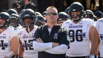 LINCOLN, NE - OCTOBER 5: Head coach Pat Fitzgerald of the Northwestern Wildcats waits with the team to enter the field before the game against the Nebraska Cornhuskers at Memorial Stadium on October 5, 2019 in Lincoln, Nebraska. (Photo by Steven Branscombe/Getty Images)