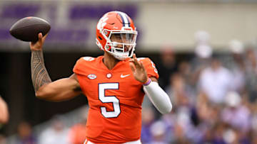 CLEMSON, SOUTH CAROLINA - SEPTEMBER 10: DJ Uiagalelei #5 of the Clemson Tigers throws a pass against the Furman Paladins during the first quarter at Memorial Stadium on September 10, 2022 in Clemson, South Carolina. (Photo by Eakin Howard/Getty Images)