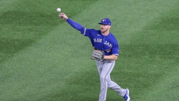 Sep 15, 2020; Bronx, New York, USA; Toronto Blue Jays center fielder Derek Fisher (23) throws the ball during the second inning against the New York Yankees at Yankee Stadium. Mandatory Credit: Vincent Carchietta-USA TODAY Sports