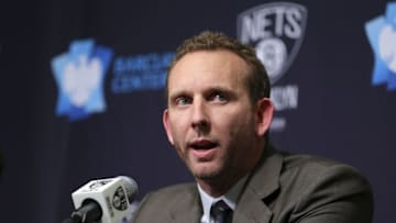 Feb 19, 2016; Brooklyn, NY, USA; Brooklyn Nets new general manager Sean Marks speaks to the media during a press conference before a game against the New York Knicks at Barclays Center. Mandatory Credit: Brad Penner-USA TODAY Sports