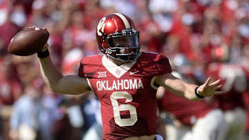 Oct 15, 2016; Norman, OK, USA; Oklahoma Sooners quarterback Baker Mayfield (6) looks to pass the ball against the Kansas State Wildcats during the second quarter at Gaylord Family - Oklahoma Memorial Stadium. Mandatory Credit: Mark D. Smith-USA TODAY Sports