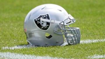 Jun 9, 2015; Oakland, CA, USA; Oakland Raiders helmet of defensive end Justin Tuck (not pictured) at minicamp at the Raiders practice facility. Mandatory Credit: Kirby Lee-USA TODAY Sports