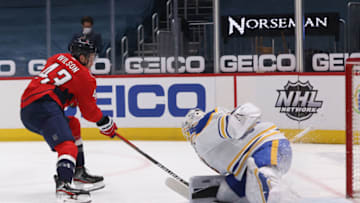 Feb 18, 2021; Washington, District of Columbia, USA; Washington Capitals right wing Tom Wilson (43) scores a goal on Buffalo Sabres goaltender Linus Ullmark (35) in the second period at Capital One Arena. Mandatory Credit: Geoff Burke-USA TODAY Sports