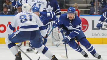 TORONTO, ON - MAY 2: Auston Matthews #34 of the Toronto Maple Leafs controls the puck against the Tampa Bay Lightning during Game One of the First Round of the 2022 Stanley Cup Playoffs at Scotiabank Arena on May 2, 2022 in Toronto, Ontario, Canada. (Photo by Claus Andersen/Getty Images)