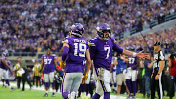MINNEAPOLIS, MN - NOVEMBER 19: Adam Thielen #19 of the Minnesota Vikings and Case Keenum #7 celebrate after scoring a touchdown in the fourth quarter of the game on November 19, 2017 at U.S. Bank Stadium in Minneapolis, Minnesota. (Photo by Adam Bettcher/Getty Images)