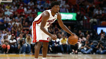 MIAMI, FL - APRIL 11: Justise Winslow #20 of the Miami Heat in action against the Toronto Raptors during the second half at American Airlines Arena on April 11, 2018 in Miami, Florida. NOTE TO USER: User expressly acknowledges and agrees that, by downloading and or using this photograph, User is consenting to the terms and conditions of the Getty Images License Agreement. (Photo by Michael Reaves/Getty Images)