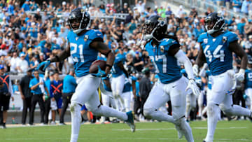 JACKSONVILLE, FLORIDA - OCTOBER 27: A.J. Bouye #21 of the Jacksonville Jaguars celebrates an interception during the game against the New York Jets at TIAA Bank Field on October 27, 2019 in Jacksonville, Florida. (Photo by Sam Greenwood/Getty Images)