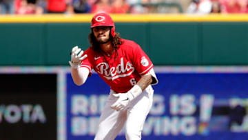 Sep 18, 2021; Cincinnati, Ohio, USA; Cincinnati Reds second baseman Jonathan India (6) reacts at second after hitting a double against the Los Angeles Dodgers during the third inning at Great American Ball Park. Mandatory Credit: David Kohl-USA TODAY Sports