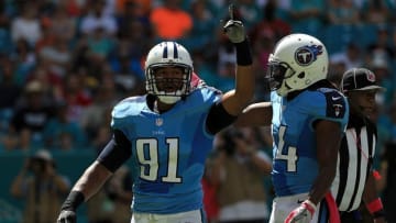 MIAMI GARDENS, FL - OCTOBER 09: Derrick Morgan #91 of the Tennessee Titans reacts to a sack during a game against the Miami Dolphins on October 9, 2016 in Miami Gardens, Florida. (Photo by Mike Ehrmann/Getty Images)
