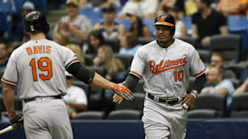 Jul 17, 2016; St. Petersburg, FL, USA; Baltimore Orioles center fielder Adam Jones (10) is congratulated by first baseman Chris Davis (19) after he scored a run during the first inning against the Tampa Bay Rays at Tropicana Field. Mandatory Credit: Kim Klement-USA TODAY Sports