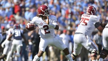 Sep 17, 2016; Oxford, MS, USA; Alabama Crimson Tide quarterback Jalen Hurts (2) throws a pass during the second quarter of the game against the Mississippi Rebelsat Vaught-Hemingway Stadium. Mandatory Credit: Matt Bush-USA TODAY Sports