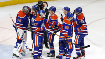 Feb 21, 2023; Edmonton, Alberta, CAN; The Edmonton Oilers celebrate a 4-2 win over the Philadelphia Flyers at Rogers Place. Mandatory Credit: Perry Nelson-USA TODAY Sports