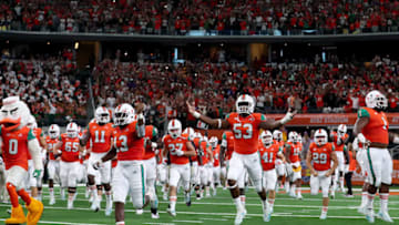 ARLINGTON, TX - SEPTEMBER 02: The Miami Hurricanes take the field against the LSU Tigers to start The AdvoCare Classic at AT&T Stadium on September 2, 2018 in Arlington, Texas. (Photo by Tom Pennington/Getty Images)