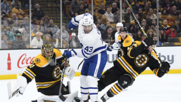 BOSTON, MA - NOVEMBER 10: Nazem Kadri #43 of the Toronto Maple Leafs fights for position against the Boston Bruins at the TD Garden on November 10, 2018 in Boston, Massachusetts. (Photo by Brian Babineau/NHLI via Getty Images)