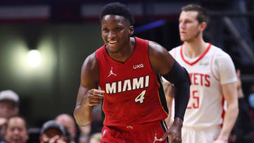 Victor Oladipo #4 of the Miami Heat celebrates after scoring a three pointer against the Houston Rockets,(Photo by Michael Reaves/Getty Images)