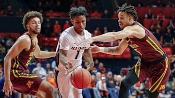 CHAMPAIGN, IL - JANUARY 16: Trent Frazier #1 of the Illinois Fighting Illini drives to the basket and loses the ball against Amir Coffey #5 of the Minnesota Golden Gophers at State Farm Center on January 16, 2019 in Champaign, Illinois. (Photo by Michael Hickey/Getty Images)