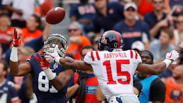 AUBURN, AL - OCTOBER 07: Darius Slayton #81 of the Auburn Tigers pulls in this touchdown reception against Myles Hartsfield #15 of the Mississippi Rebels at Jordan Hare Stadium on October 7, 2017 in Auburn, Alabama. (Photo by Kevin C. Cox/Getty Images)