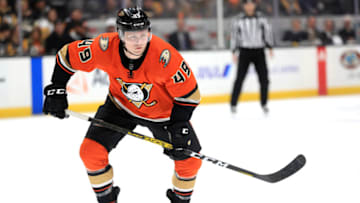 ANAHEIM, CALIFORNIA - FEBRUARY 28: Danton Heinen #43 of the Anaheim Ducks skates to the puck during the first period of a game against the Pittsburgh Penguins at Honda Center on February 28, 2020 in Anaheim, California. (Photo by Sean M. Haffey/Getty Images)