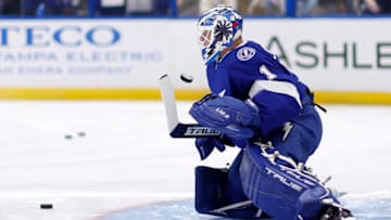 TAMPA, FLORIDA - NOVEMBER 05: Brian Elliott #1 of the Tampa Bay Lightning warms up during a game against the Buffalo Sabres at Amalie Arena on November 05, 2022 in Tampa, Florida. (Photo by Mike Ehrmann/Getty Images)