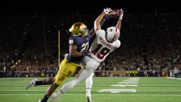 SOUTH BEND, IN - SEPTEMBER 29: Stanford Cardinal wide receiver JJ Arcega-Whiteside (19) catches a 4-yard touchdown over Notre Dame Fighting Irish cornerback Julian Love (27) during the college football game between the Notre Dame Fighting Irish and Stanford Cardinals on September 29, 2018, at Notre Dame Stadium in South Bend, IN. (Photo by Zach Bolinger/Icon Sportswire via Getty Images)