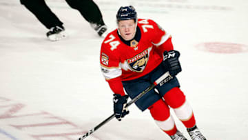 SUNRISE, FL - OCTOBER 26: Owen Tippett #74 of the Florida Panthers skates on the ice against the Anaheim Ducks at the BB&T Center on October 26, 2017 in Sunrise, Florida. (Photo by Eliot J. Schechter/NHLI via Getty Images)