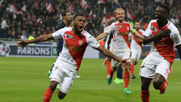 LYON, FRANCE - APRIL 01: Thomas Lemar of AS Monaco celebrate his goal with Benjamin Mendy