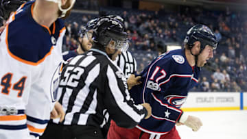 COLUMBUS, OH - DECEMBER 12: Edmonton Oilers right wing Zack Kassian (44) and Columbus Blue Jackets center Brandon Dubinsky (17) are broken up after a fight as Dubinsky's nose bleeds during the third period in a game between the Columbus Blue Jackets and the Edmonton Oilers on December 12, 2017 at Nationwide Arena in Columbus, OH. The Oilers defeated the Blue Jackets 7-2. (Photo by Adam Lacy/Icon Sportswire via Getty Images)