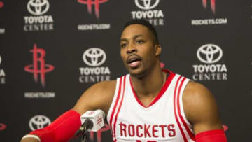 Sep 28, 2015; Houston, TX, USA; Houston Rockets center Dwight Howard (12) during media day at Toyota Center. Mandatory Credit: Troy Taormina-USA TODAY Sports