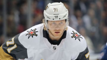 TORONTO, ON - NOVEMBER 7: William Karlsson #71 of the Vegas Golden Knights waits for a faceoff against the Toronto Maple Leafs during an NHL game at Scotiabank Arena on November 7, 2019 in Toronto, Ontario, Canada. The Maple Leafs defeated the Golden Knights 2-1 in overtime. (Photo by Claus Andersen/Getty Images)