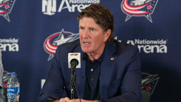 COLUMBUS, OHIO - JULY 01: Columbus Blue Jackets Head Coach Mike Babcock addresses member of the media during a press conference at Nationwide Arena on July 01, 2023 in Columbus, Ohio. (Photo by Jason Mowry/Getty Images)
