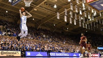 DURHAM, NORTH CAROLINA - FEBRUARY 22: Alex O'Connell #15 of the Duke Blue Devils dunks against the Virginia Tech Hokies during the second half of their game at Cameron Indoor Stadium on February 22, 2020 in Durham, North Carolina. (Photo by Grant Halverson/Getty Images)