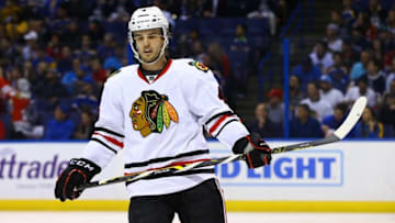 Apr 15, 2016; St. Louis, MO, USA; Chicago Blackhawks defenseman Niklas Hjalmarsson (4) is seen during game two of the first round of the 2016 Stanley Cup Playoffs against the St. Louis Blues at Scottrade Center. The Blackhawks won the game 3-2. Mandatory Credit: Billy Hurst-USA TODAY Sports