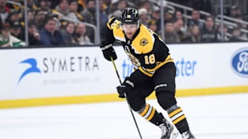 Apr 8, 2023; Boston, Massachusetts, USA; Boston Bruins center Pavel Zacha (18) skates with the puck during the first period against the New Jersey Devils at TD Garden. Mandatory Credit: Bob DeChiara-USA TODAY Sports