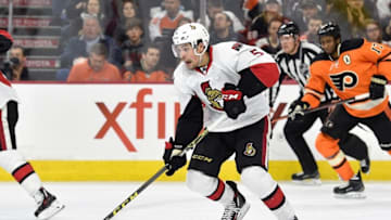Apr 2, 2016; Philadelphia, PA, USA; Ottawa Senators defenseman Cody Ceci (5) skates with the puck against the Philadelphia Flyers during the second period at Wells Fargo Center. The Flyers won 3-2. Mandatory Credit: Derik Hamilton-USA TODAY Sports