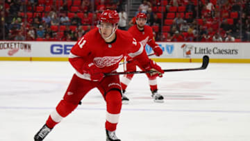 DETROIT, MI - SEPTEMBER 20: Filip Zadina #11 of the Detroit Red Wings skates against the Chicago Blackhawks during a pre season game at Little Caesars Arena on September 20, 2018 in Detroit, Michigan. (Photo by Gregory Shamus/Getty Images)