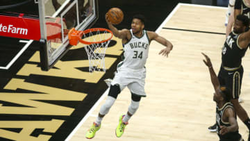 Apr 15, 2021; Atlanta, Georgia, USA; Milwaukee Bucks forward Giannis Antetokounmpo (34) shoots against the Atlanta Hawks in the first quarter at State Farm Arena. Mandatory Credit: Brett Davis-USA TODAY Sports