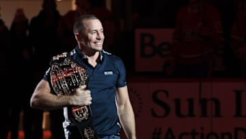 MONTREAL, QC - NOVEMBER 14: UFC middleweight champion, George St-Pierre receives homage prior to the NHL game of the Montreal Canadiens and the Columbus Blue Jackets at the Bell Centre on November 14, 2017 in Montreal, Quebec, Canada. (Photo by Francois Lacasse/NHLI via Getty Images) *** Local Caption ***