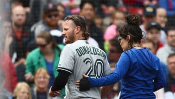 BOSTON, MA - MAY 28: Josh Donaldson #20 of the Toronto Blue Jays leaves the game and is replace by pinch runner Giovanny Urshela #3 of the Toronto Blue Jays in the top of the fifth inning of the game against the Boston Red Sox at Fenway Park on May 28, 2018 in Boston, Massachusetts. MLB Players across the league are wearing special uniforms to commemorate Memorial Day. (Photo by Omar Rawlings/Getty Images)