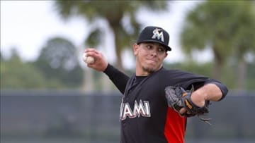 Feb 28, 2013; St. Louis, MO, USA; Miami Marlins top pitching prospect Jose Fernandez (78) delivers a pitch in a B game against the St. Louis Cardinals at Roger Dean Stadium. The Cardinals defeated the Marlins 8-2. Mandatory Credit: Scott Rovak-USA TODAY Sports