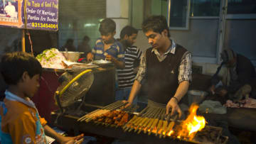 INDIA - FEBRUARY 27: Food, meat kebabs, on sale at meat stall in Snack market at muslim Meena Bazar, in Old Delhi, India (Photo by Tim Graham/Getty Images)