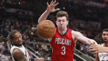 Mar 30, 2016; San Antonio, TX, USA; New Orleans Pelicans center Omer Asik (3) reaches for a rebound against the San Antonio Spurs during the second half at AT&T Center. Mandatory Credit: Soobum Im-USA TODAY Sports