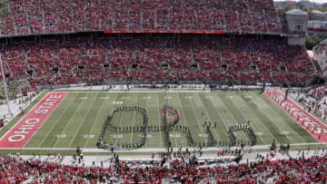 Members of the Ohio State Marching Band form "Script Ohio" before Saturday's NCAA Division I football game between the Ohio State Buckeyes and the Oregon Ducks on September 11, 2021, at Ohio Stadium in Columbus, Oh.