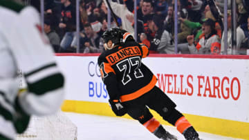 Mar 23, 2023; Philadelphia, Pennsylvania, USA; Philadelphia Flyers defenseman Tony DeAngelo (77) reacts after a goal against the Minnesota Wild in the third period at Wells Fargo Center. Mandatory Credit: Kyle Ross-USA TODAY Sports