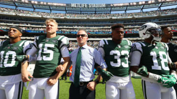 EAST RUTHERFORD, NJ - SEPTEMBER 24: Jermaine Kearse #10, Josh McCown #15, Jamal Adams #33, ArDarius Stewart #18 and Christopher Johnson CEO of the New York Jets stand in unison with his team during the National Anthem prior to an NFL game against the Miami Dolphins at MetLife Stadium on September 24, 2017 in East Rutherford, New Jersey. (Photo by Al Bello/Getty Images)