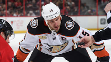 OTTAWA, ON - FEBRUARY 7: Ryan Getzlaf #15 of the Anaheim Ducks prepares for a faceoff against the Ottawa Senators at Canadian Tire Centre on February 7, 2019 in Ottawa, Ontario, Canada. (Photo by Matt Zambonin/NHLI via Getty Images)