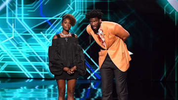LOS ANGELES, CA - JULY 12: Actor Issa Rae (L) and NBA player Joel Embiid speak onstage at The 2017 ESPYS at Microsoft Theater on July 12, 2017 in Los Angeles, California. (Photo by Kevin Winter/Getty Images)