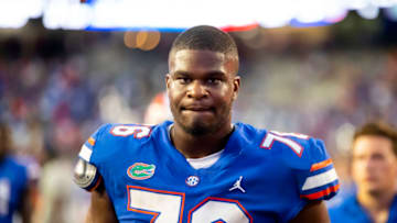 Sep 18, 2021; Gainesville, Florida, USA; Florida Gators offensive lineman Richard Gouraige (76) against the Alabama Crimson Tide at Ben Hill Griffin Stadium. Mandatory Credit: Mark J. Rebilas-USA TODAY Sports