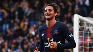 Paris Saint-Germain's French midfielder Adrien Rabiot celebrates after scoring his team's second goal during the French L1 football match between Paris Saint-Germain (PSG) and Amiens at the Parc des Princes stadium in Paris on October 20, 2018. (Photo by Anne-Christine POUJOULAT / AFP) (Photo credit should read ANNE-CHRISTINE POUJOULAT/AFP/Getty Images)